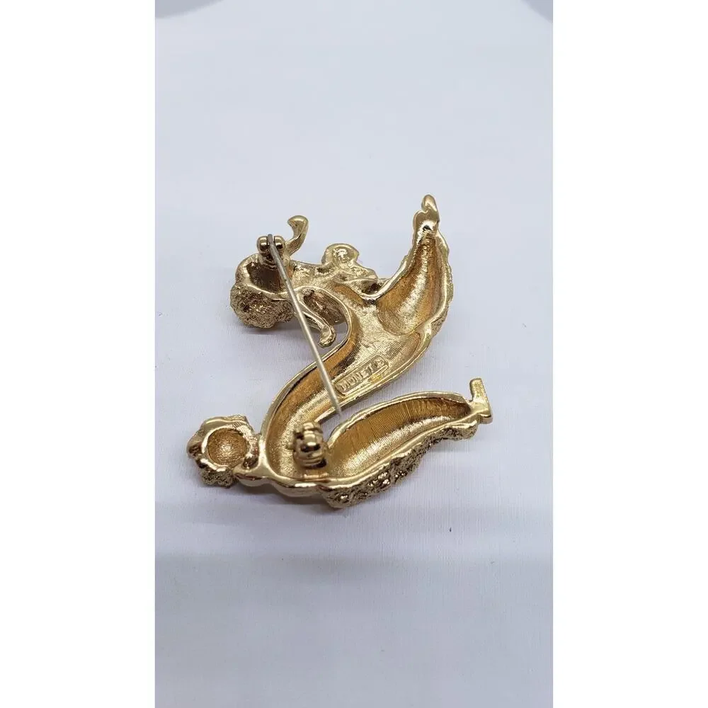 Vintage Poodle Doodle Dog Brooch Monet Gold with Red Rhinestone Eyes Playful Pin - Picture 2 of 7